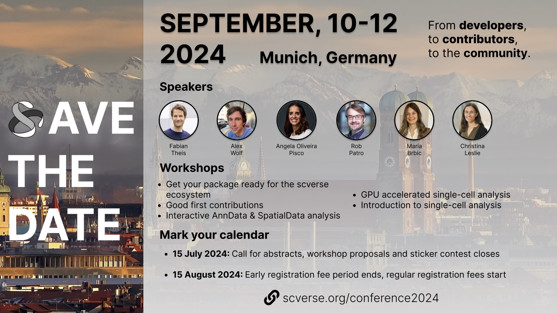 Save the date info card, highlighting speakers and workshops as well as the September 10-12th date and Munich location